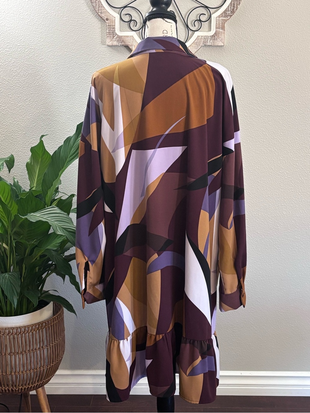 Nine West Abstract Button-Front Long-Sleeve Dress - Maroon, Mustard & Lavender - Picture 4 of 7